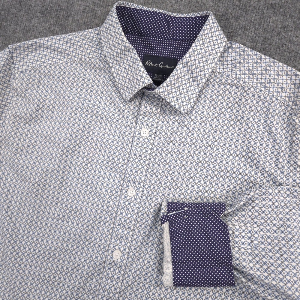 Robert Graham Shirt Mens Large 16-32/33 White Blue Geometric Stretch Long Sleeve